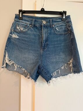 High-Rise Distressed Denim Shorts - Blue